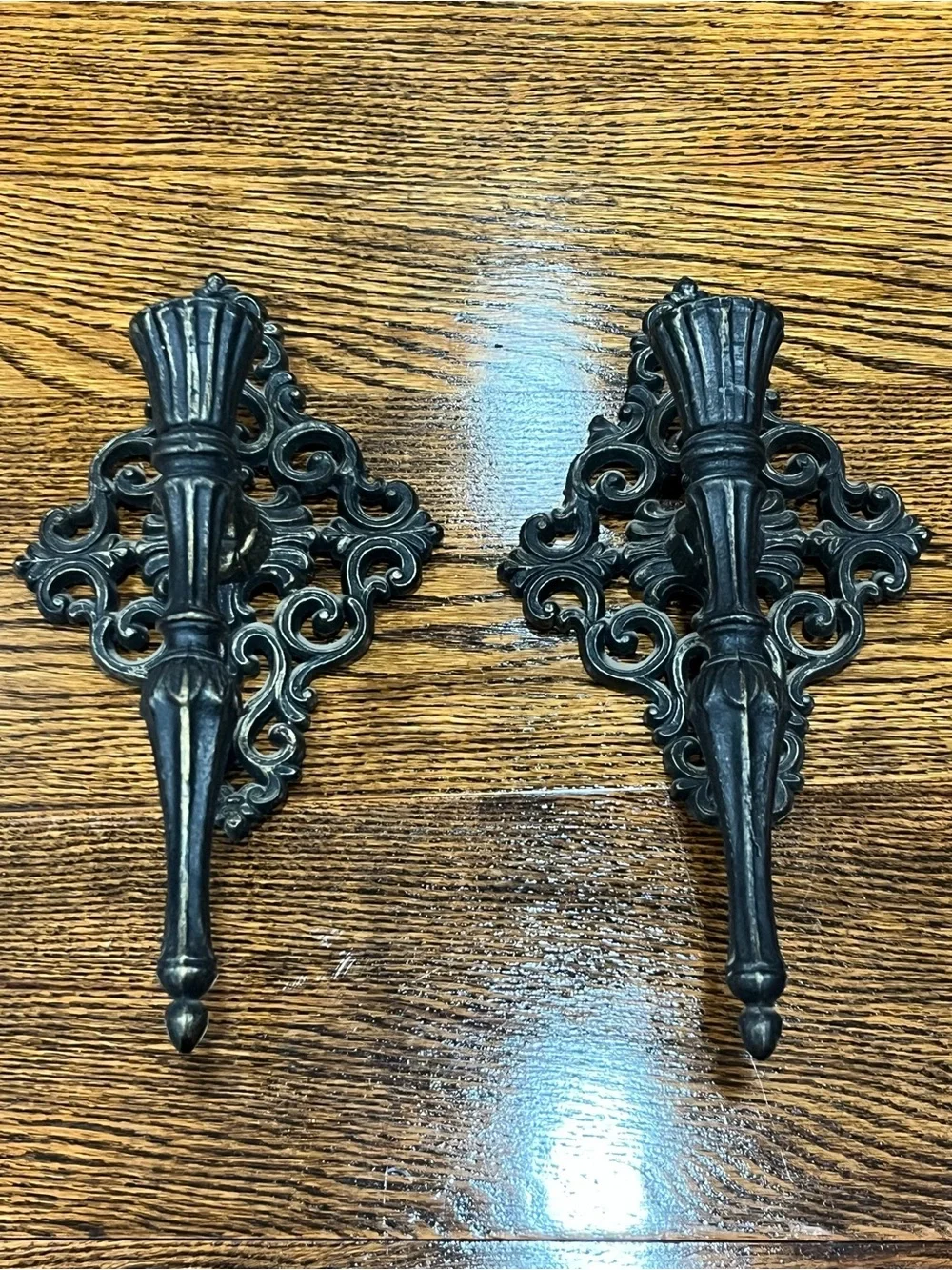 Pair of Gothic Cast Metal Wall Sconces Black Ornate Taper Candle Holders